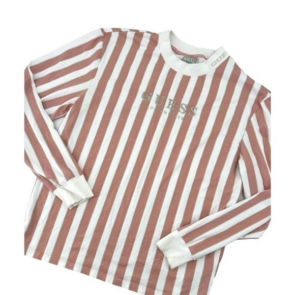 Guess Pink Striped Long Sleeve Crew Neck Shirt Embroidered Guess Logo Women's M - Picture 10 of 16